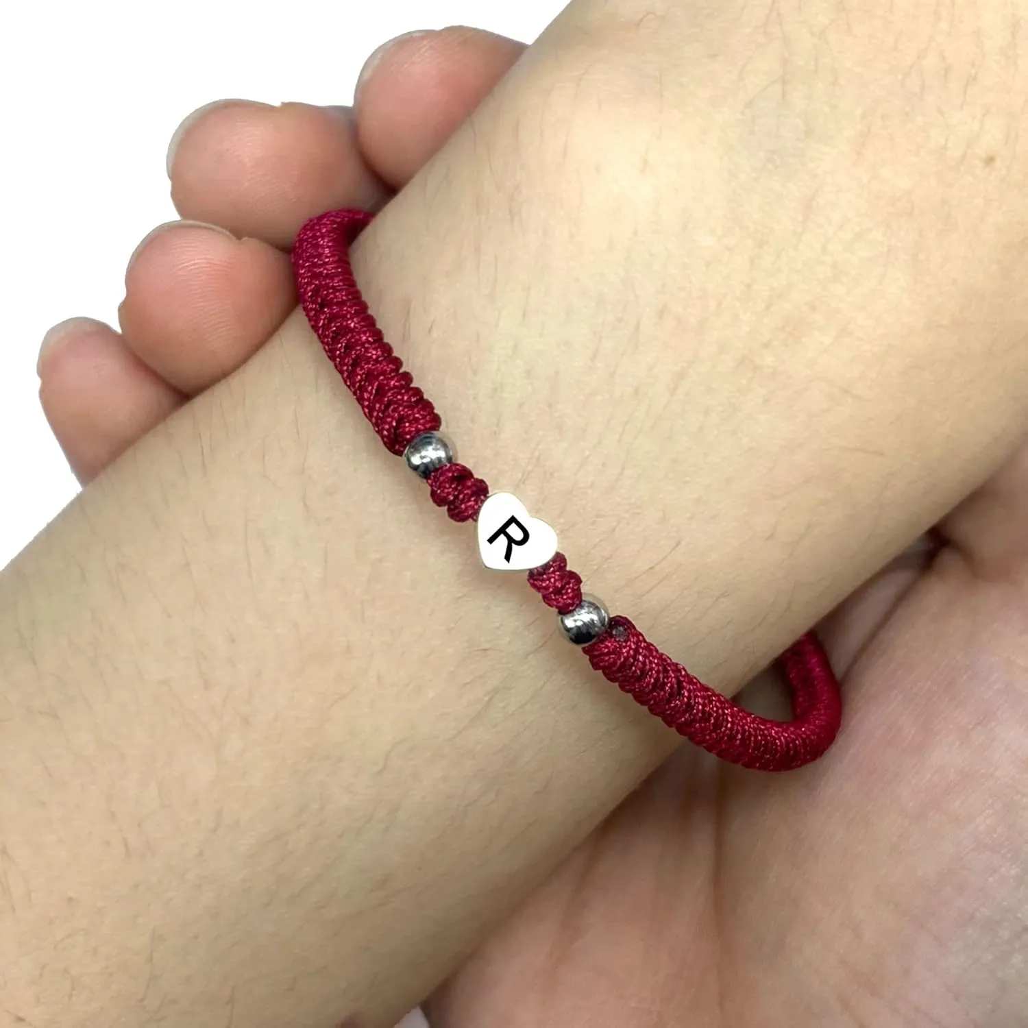 LAMIBEE Initial Bracelet Letter R, Dark Red Protection with Heart Initial Bracelet, Matching String for Couples, Gift for Women, Men, Friend Birthday, Graduation (Letter R)