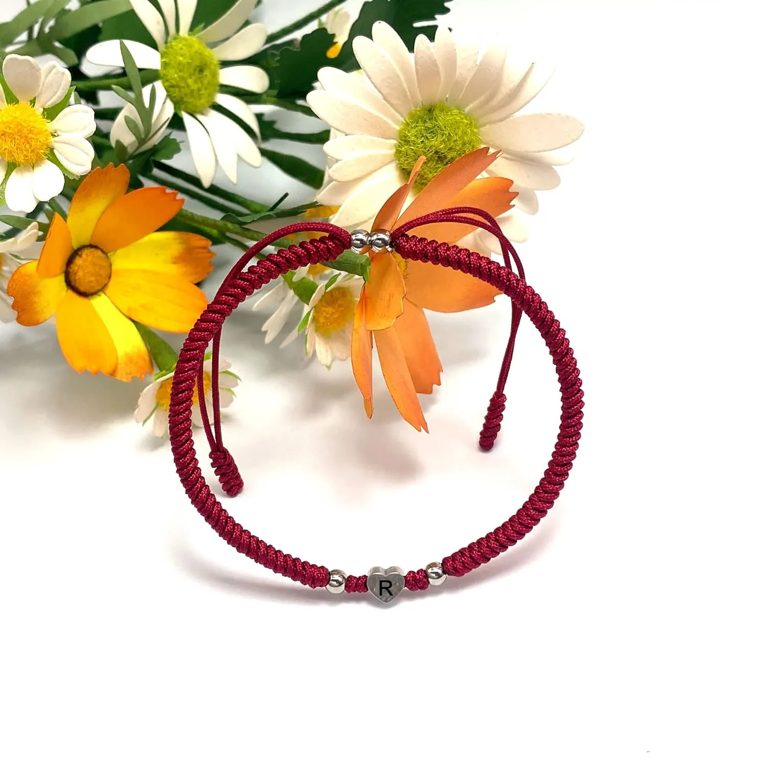 LAMIBEE Initial Bracelet Letter R, Dark Red Protection with Heart Initial Bracelet, Matching String for Couples, Gift for Women, Men, Friend Birthday, Graduation (Letter R)