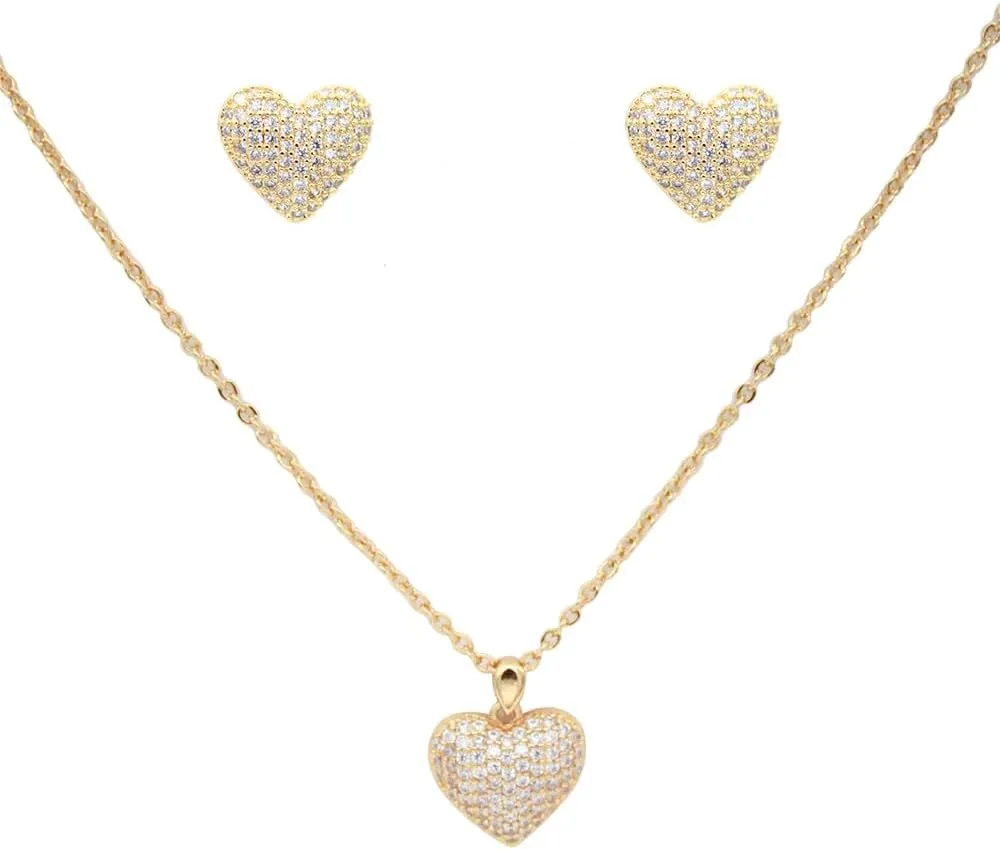 Lavencious CZ Paved Heart Shape Pendant Necklace and Cluster Earrings Jewelry Set for Women