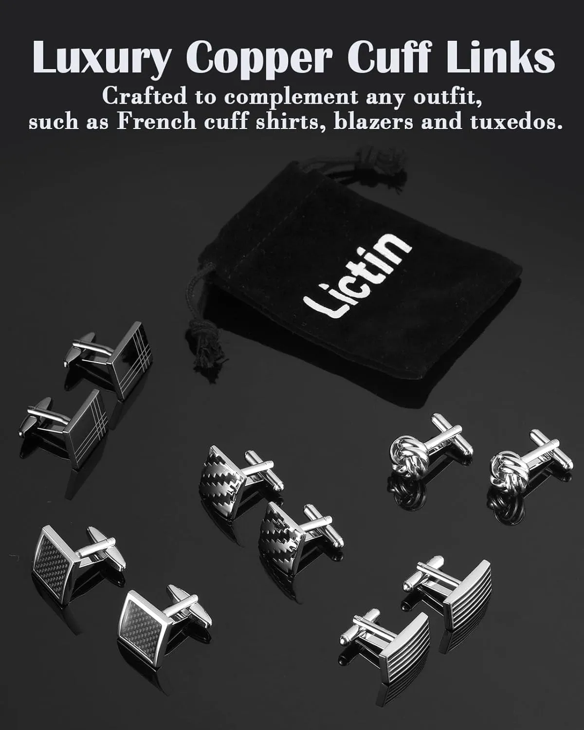 Lictin Men's Cufflinks Cuff Links for Men, Stainless Steel Tuxedo Shirt Cuff Links Set
