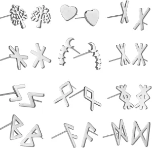 LIKGREAT Women's Stainless Steel Minimalist Norse Runes Stud Set Classic Small Earrings