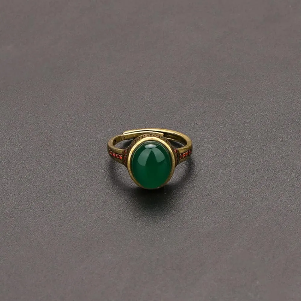 LILOVE Vintage Natural Green Chalcedony Ring Ring Pure Copper Inlaid Agate Open Ring Gift Jewelry