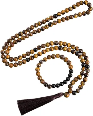 Long Tiger Eye Beaded Black Onyx Tassel Necklace and Rosary Japa Mala Beaded Wrist Bracelet(8mm/0.32 inches)