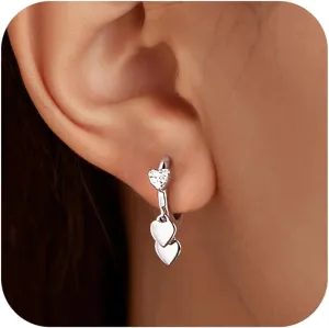 LOVECOM 925 Sterling Silver Heart Dangle Earrings for Women 14K Gold Plated Dainty CZ Love Hearts Charm Huggie Hoop Earrings to Daughter Birthday Christmas Wedding Jewelry Gifts