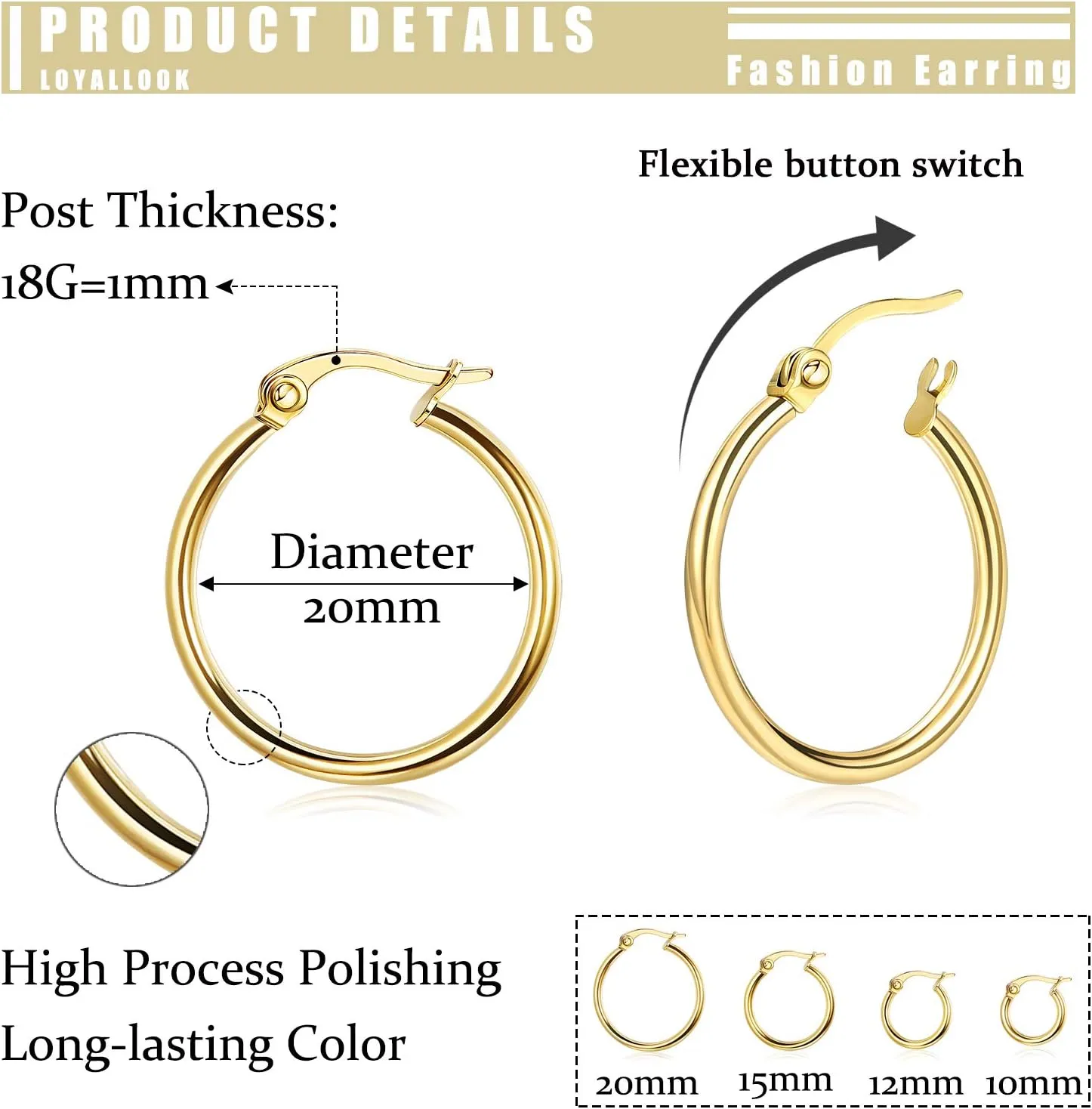 LOYALLOOK Gold Hoop Earrings Set Stainless Steel Rounded Small Hoop Earrings Set for Women Cute Huggie Earrings Nickel Free 10/12/15/20MM