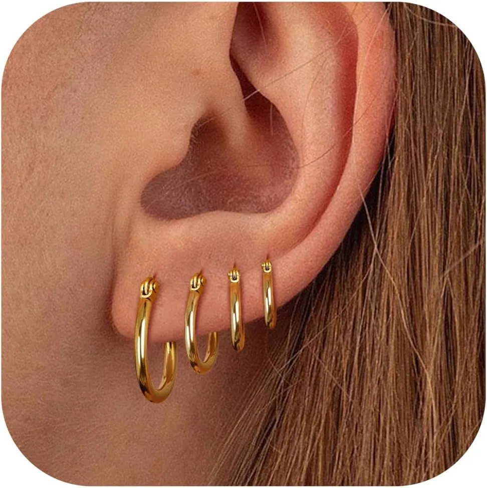 LOYALLOOK Gold Hoop Earrings Set Stainless Steel Rounded Small Hoop Earrings Set for Women Cute Huggie Earrings Nickel Free 10/12/15/20MM
