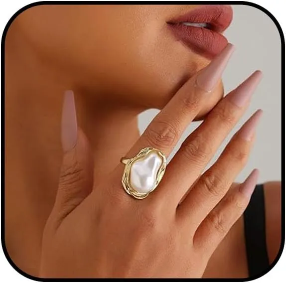 Lrregular Pearl Ring Baroque Pearl Ring Fresh Water Baroque Pearl Ring Pearl Statement Ring Adjustable Lrregular Pearl Ring Stylish Gold Baroque Pearl Ring for Women S Wedding Jewelry