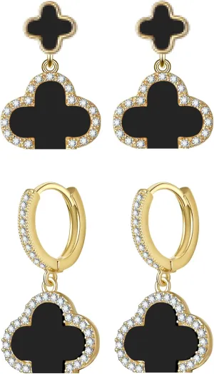 Lucky Clover Earrings Gold Dangle Hoop Earrings Black White Red Clover Earrings Stud Jewelry Set for Women Trendy.