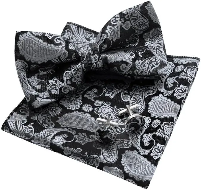 MAGE MALE Mens Bow Tie Set,Classic Paisley Pre-Tied Bowtie,Pocket Square and Cufflinks for Formal Wedding Party Prom