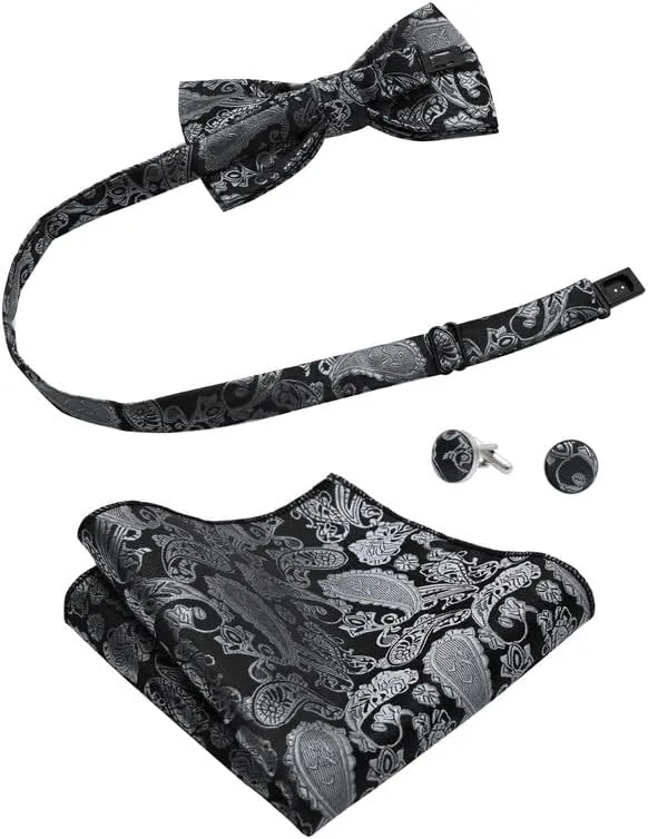 MAGE MALE Mens Bow Tie Set,Classic Paisley Pre-Tied Bowtie,Pocket Square and Cufflinks for Formal Wedding Party Prom