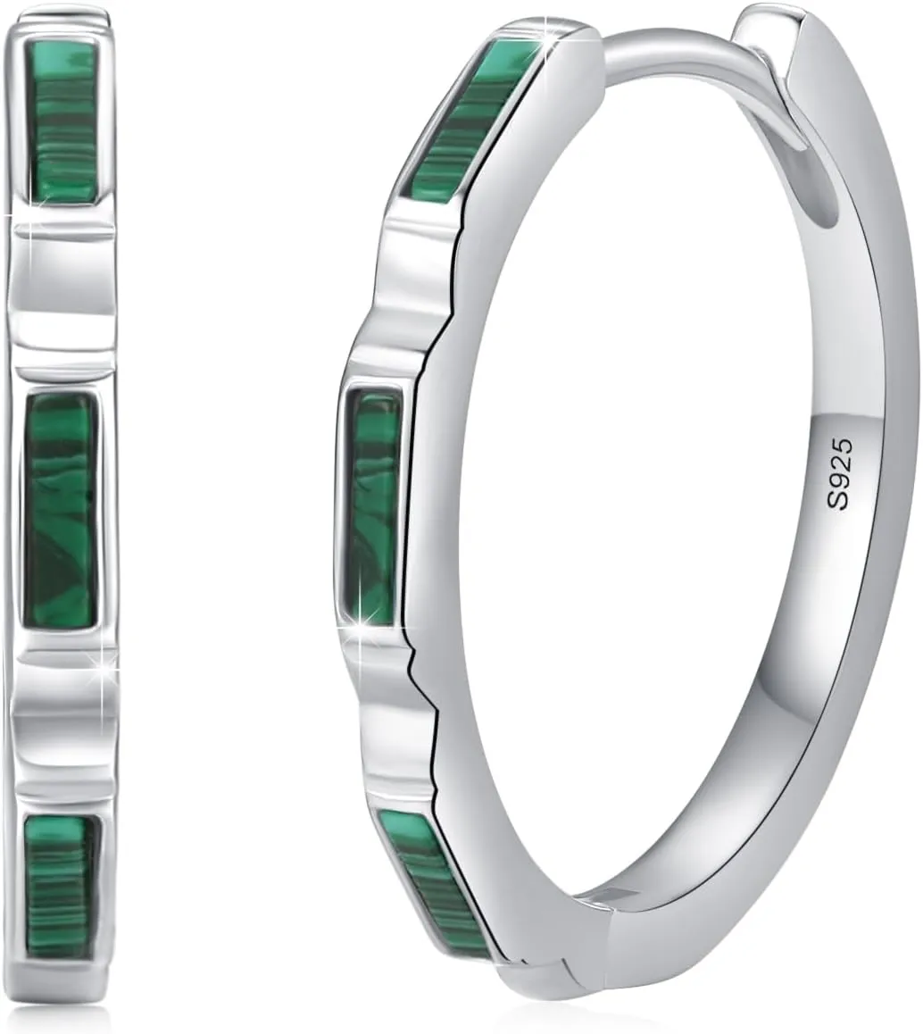 Malachite Hoop Earrings for Women 925 Sterling Silver Turquoise Small Hoop Earrings for Women White Gold Plated Hypoallergenic Western Gemstone Huggie Earrings