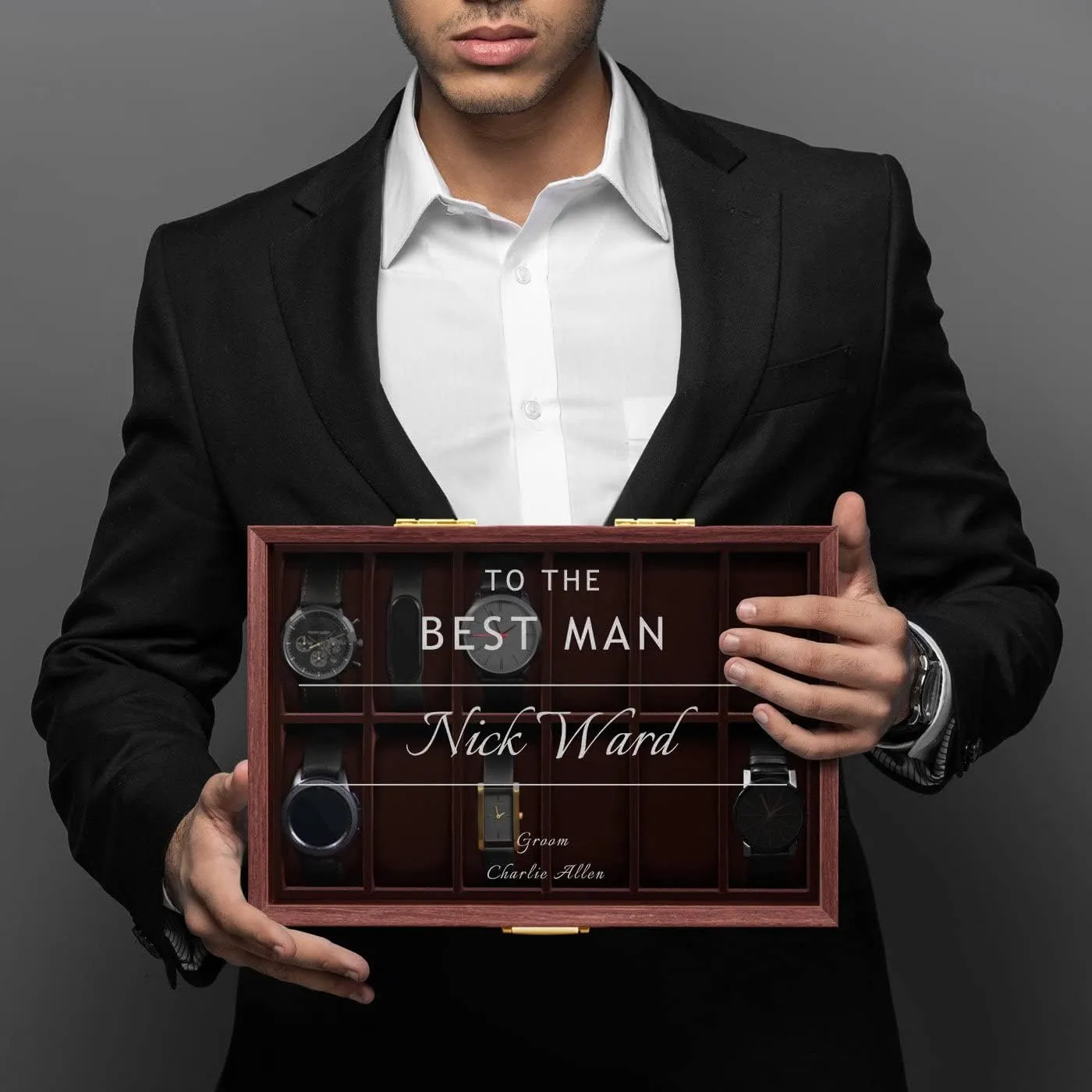 Maverton Wooden Rectangular Watch Case for him - Transparent Engraved Glass Top - For 12 Watches - For Elegant Men - Birthday - Storage box for dad - Best Man