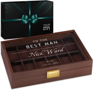 Maverton Wooden Rectangular Watch Case for him - Transparent Engraved Glass Top - For 12 Watches - For Elegant Men - Birthday - Storage box for dad - Best Man