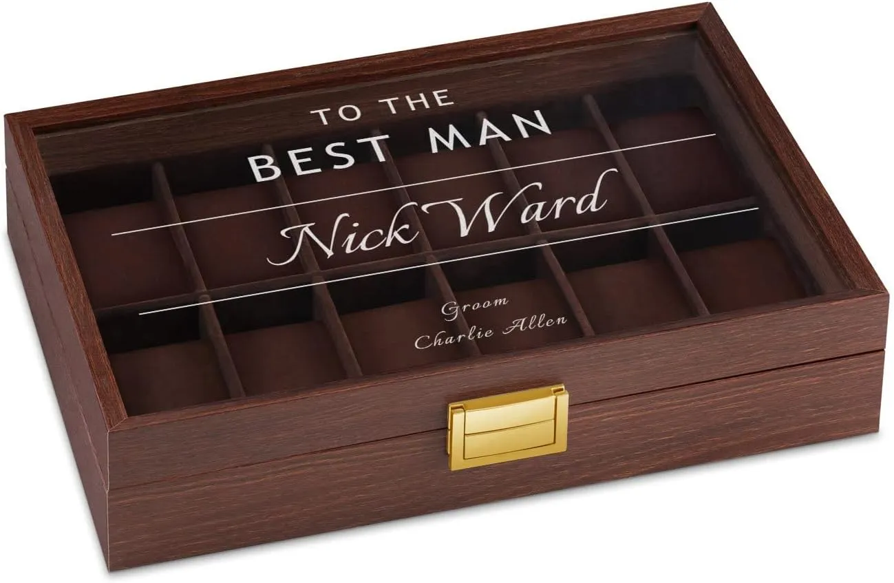 Maverton Wooden Rectangular Watch Case for him - Transparent Engraved Glass Top - For 12 Watches - For Elegant Men - Birthday - Storage box for dad - Best Man