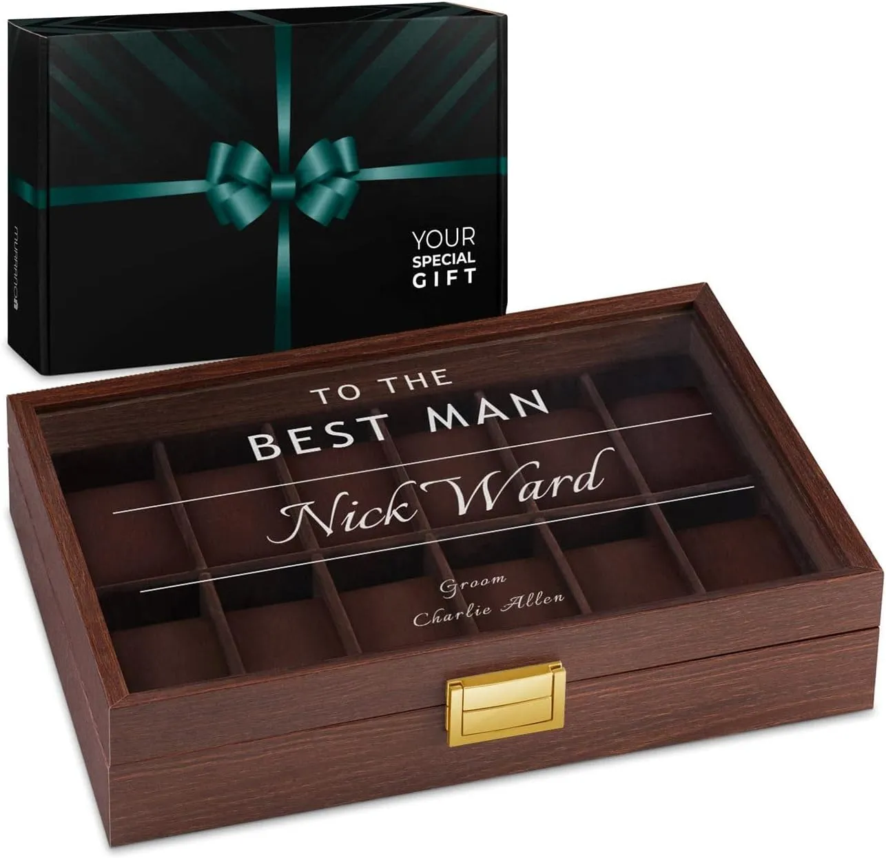 Maverton Wooden Rectangular Watch Case for him - Transparent Engraved Glass Top - For 12 Watches - For Elegant Men - Birthday - Storage box for dad - Best Man