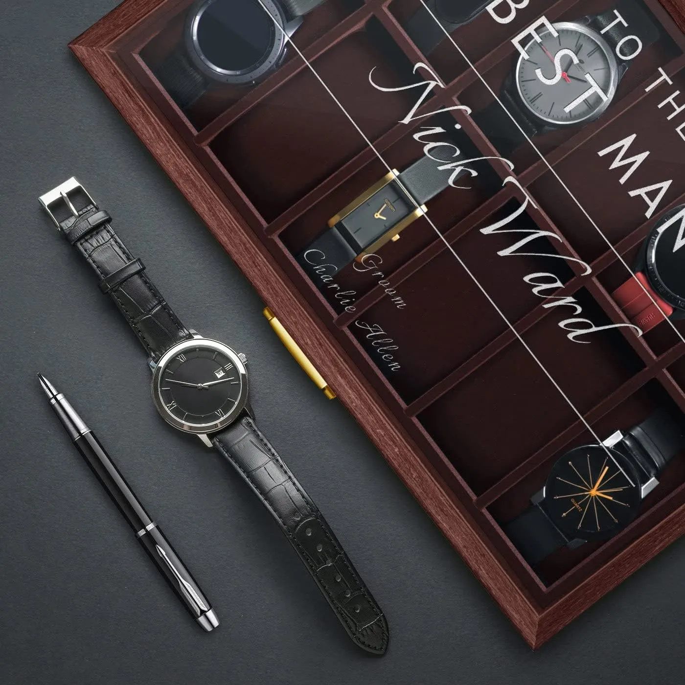 Maverton Wooden Rectangular Watch Case for him - Transparent Engraved Glass Top - For 12 Watches - For Elegant Men - Birthday - Storage box for dad - Best Man