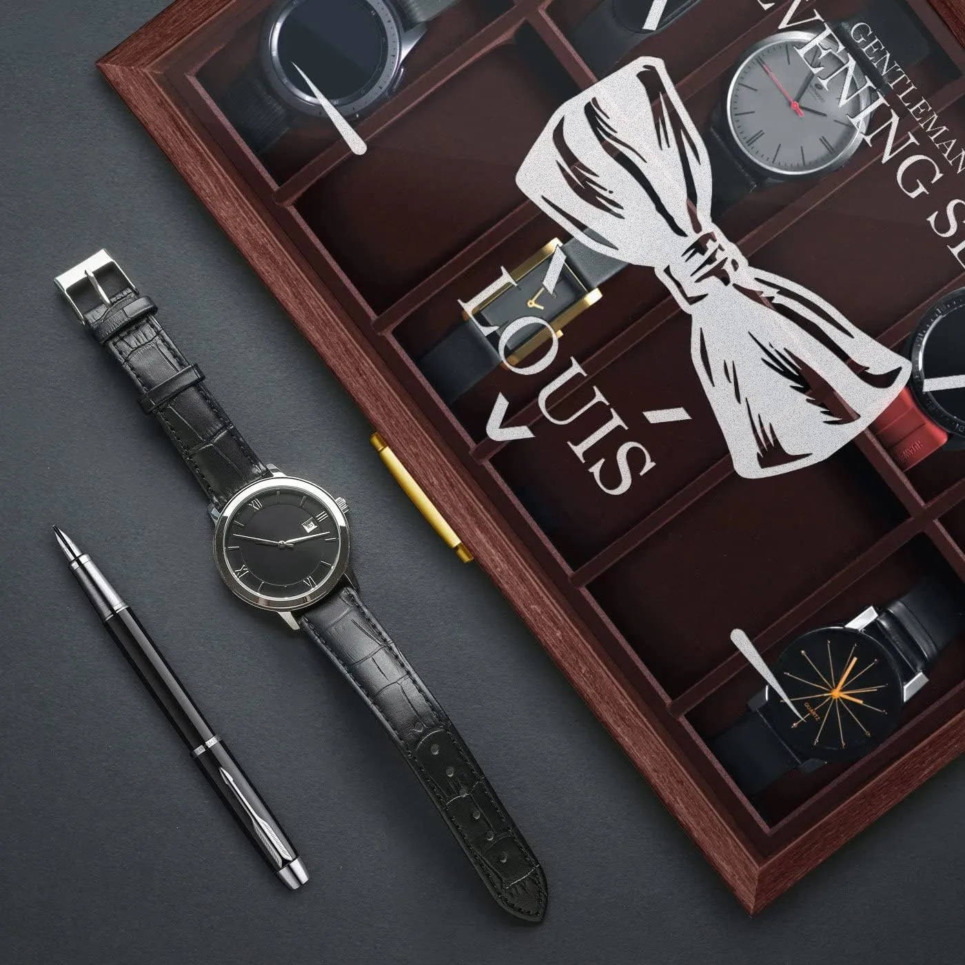 Maverton Wooden Rectangular Watch Case for him - Transparent Engraved Glass Top - For 12 Watches - For Elegant Men - Birthday - Storage box for dad - Evening Set