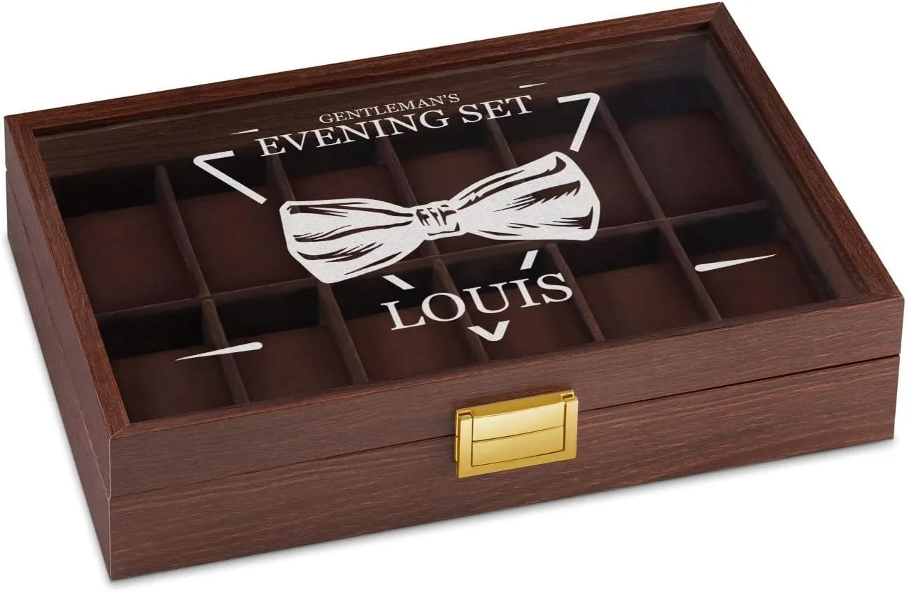 Maverton Wooden Rectangular Watch Case for him - Transparent Engraved Glass Top - For 12 Watches - For Elegant Men - Birthday - Storage box for dad - Evening Set