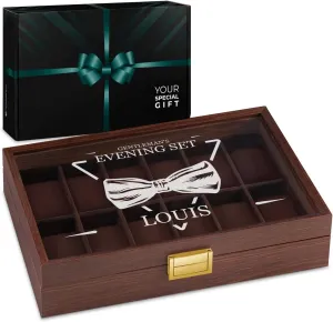 Maverton Wooden Rectangular Watch Case for him - Transparent Engraved Glass Top - For 12 Watches - For Elegant Men - Birthday - Storage box for dad - Evening Set