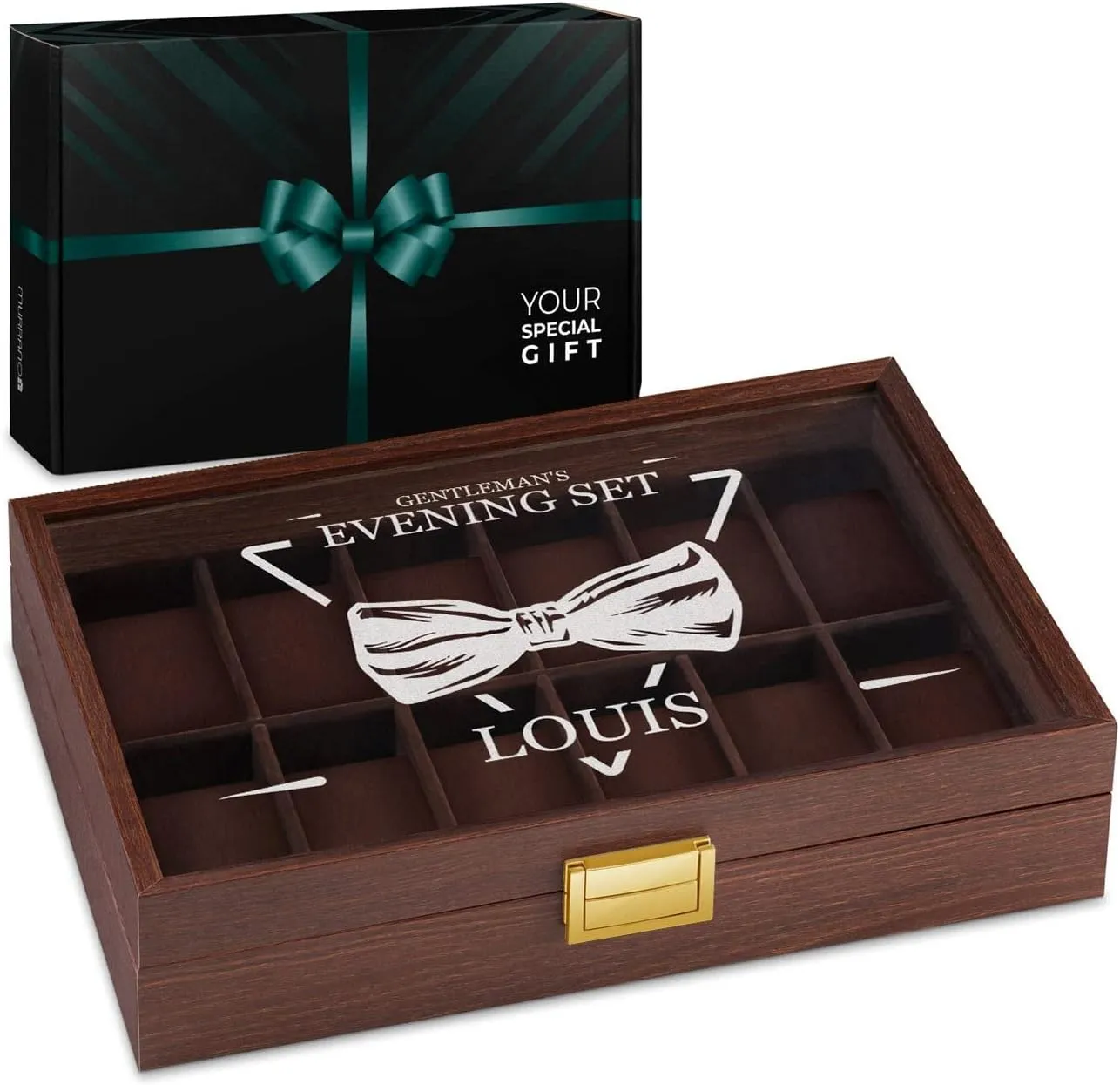 Maverton Wooden Rectangular Watch Case for him - Transparent Engraved Glass Top - For 12 Watches - For Elegant Men - Birthday - Storage box for dad - Evening Set