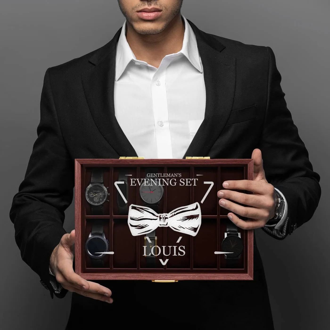 Maverton Wooden Rectangular Watch Case for him - Transparent Engraved Glass Top - For 12 Watches - For Elegant Men - Birthday - Storage box for dad - Evening Set