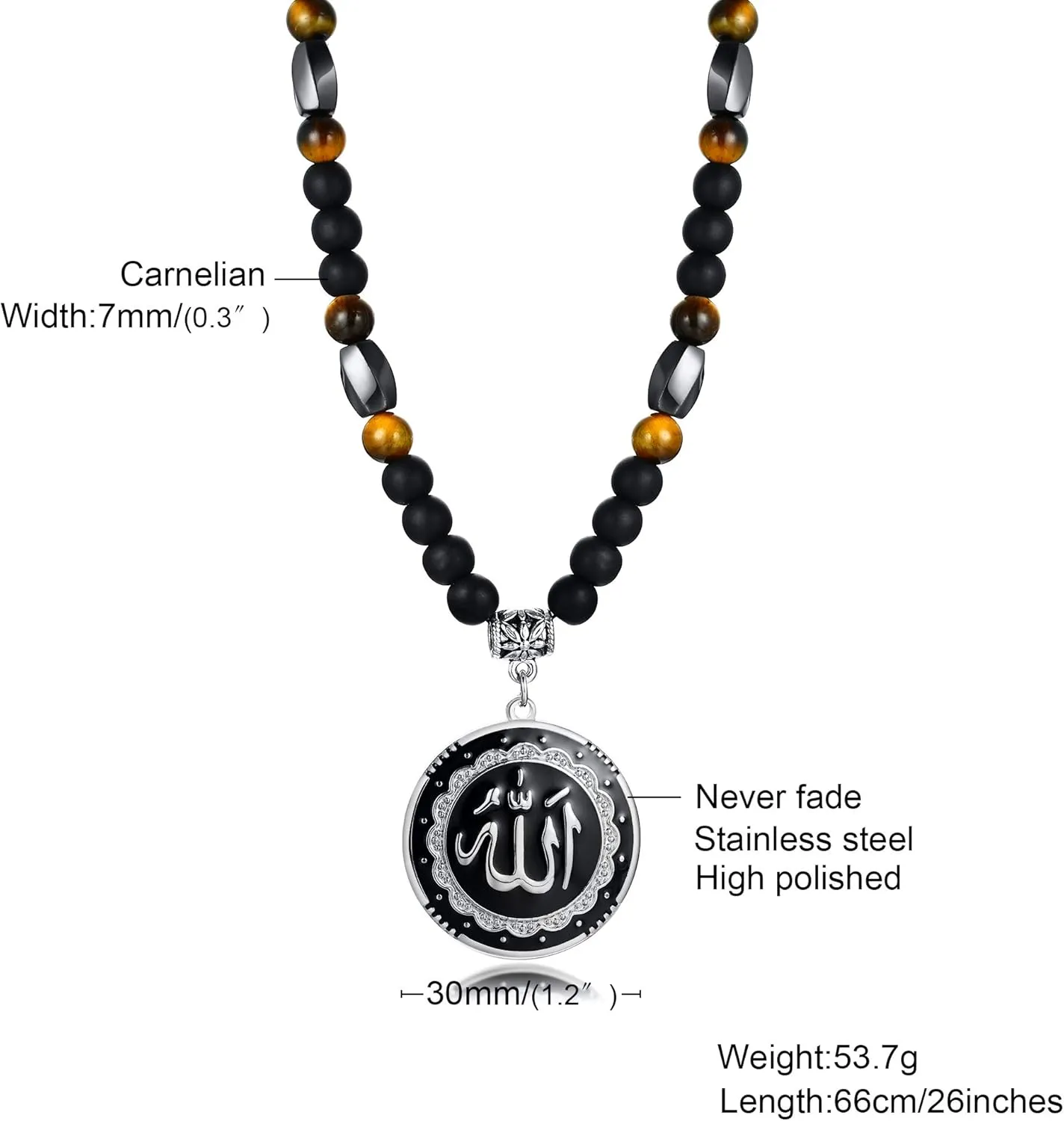 MEALGUET Allah Medallion Necklace, Stainless Steel Islamic Jewelry,Arabic Jewelry,Allah Name of God Round Pendant Necklace for Women and Men with Agate Beaded Chain, Muslim Gift Jewelry, Gift