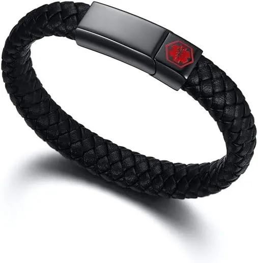 MEALGUET Custom Braided Genuine Leather Medical ID Wristband Mens Medical Alert Leather Bracelet with Stainless Steel Clasp