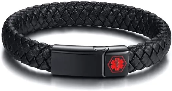 MEALGUET Custom Braided Genuine Leather Medical ID Wristband Mens Medical Alert Leather Bracelet with Stainless Steel Clasp