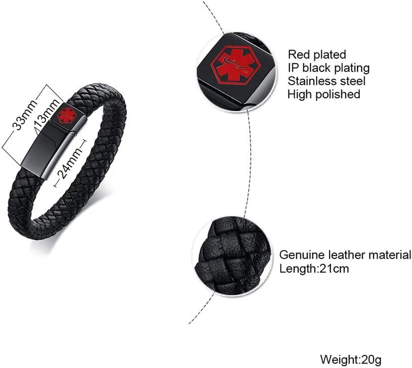 MEALGUET Custom Braided Genuine Leather Medical ID Wristband Mens Medical Alert Leather Bracelet with Stainless Steel Clasp