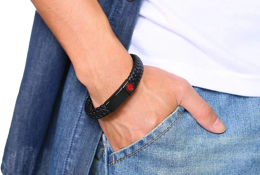 MEALGUET Custom Braided Genuine Leather Medical ID Wristband Mens Medical Alert Leather Bracelet with Stainless Steel Clasp