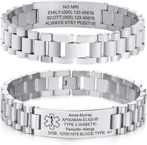 MEALGUET Medical ID Bracelet for Men: Free Engraving Stainless Steel Masculine Watch Band Style Medical Alert Wristband Personalized Medic ID Bracelet Jewelry for Men Dad