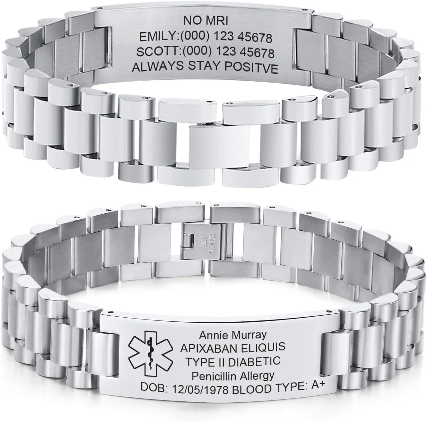 MEALGUET Medical ID Bracelet for Men: Free Engraving Stainless Steel Masculine Watch Band Style Medical Alert Wristband Personalized Medic ID Bracelet Jewelry for Men Dad