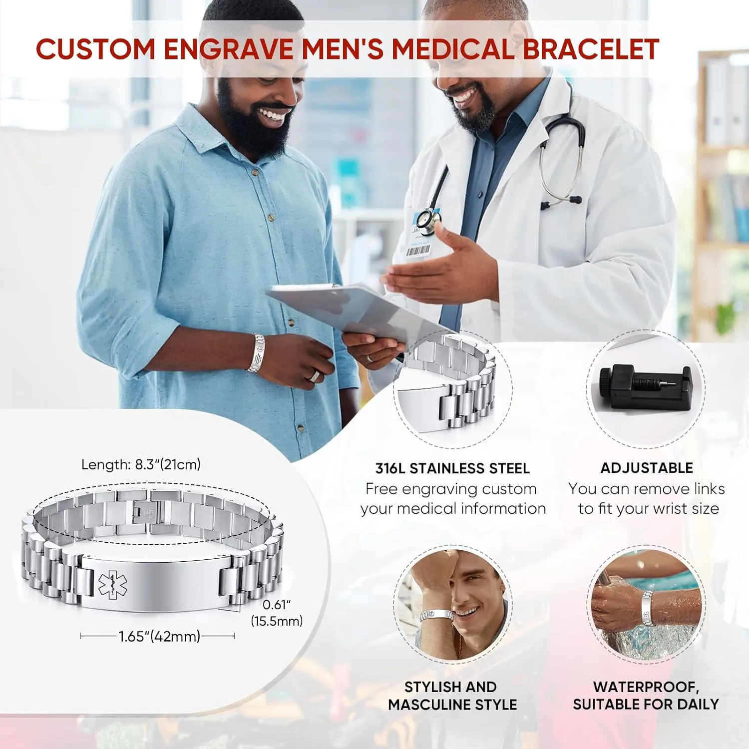 MEALGUET Medical ID Bracelet for Men: Free Engraving Stainless Steel Masculine Watch Band Style Medical Alert Wristband Personalized Medic ID Bracelet Jewelry for Men Dad