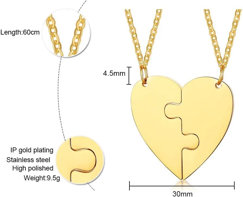 MEALGUET Personalized Couple Friendship Puzzle Necklace - Customized Stainless Steel Split Heart Matching Pendant for Womens Mens Custom Name Necklace for BFF Family