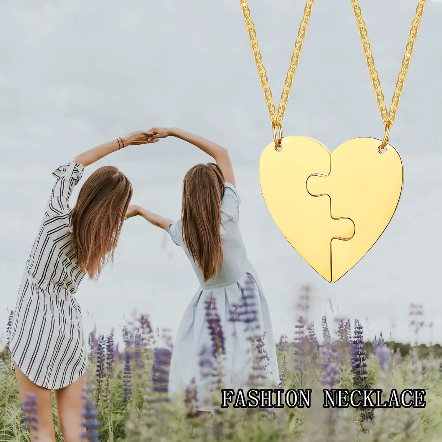 MEALGUET Personalized Couple Friendship Puzzle Necklace - Customized Stainless Steel Split Heart Matching Pendant for Womens Mens Custom Name Necklace for BFF Family