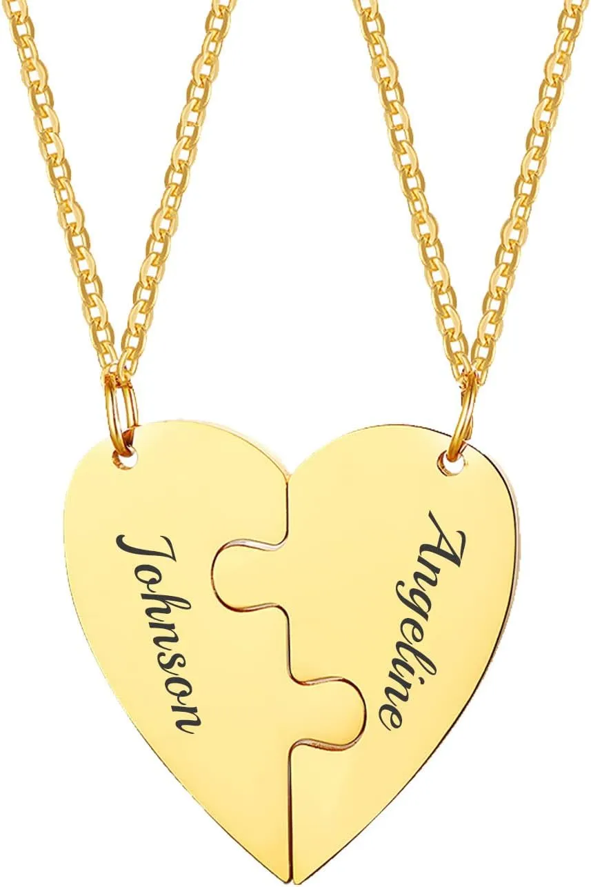 MEALGUET Personalized Couple Friendship Puzzle Necklace - Customized Stainless Steel Split Heart Matching Pendant for Womens Mens Custom Name Necklace for BFF Family