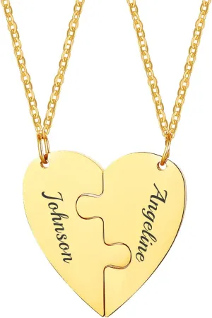 MEALGUET Personalized Couple Friendship Puzzle Necklace - Customized Stainless Steel Split Heart Matching Pendant for Womens Mens Custom Name Necklace for BFF Family
