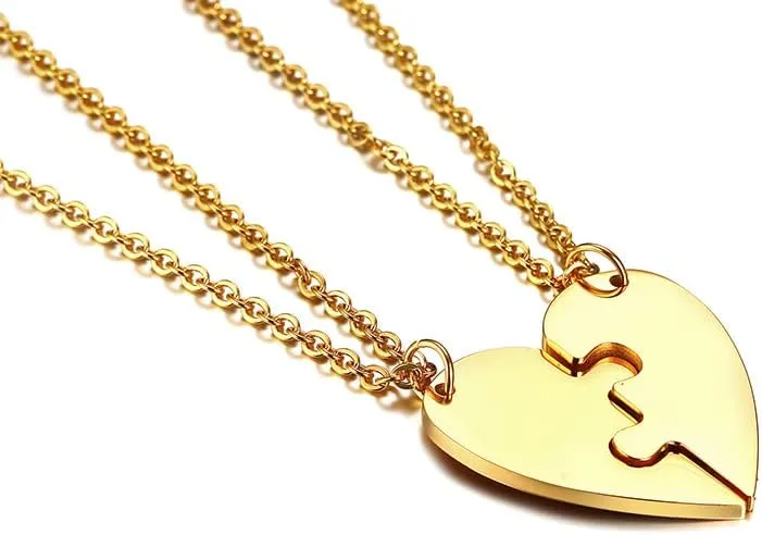 MEALGUET Personalized Couple Friendship Puzzle Necklace - Customized Stainless Steel Split Heart Matching Pendant for Womens Mens Custom Name Necklace for BFF Family