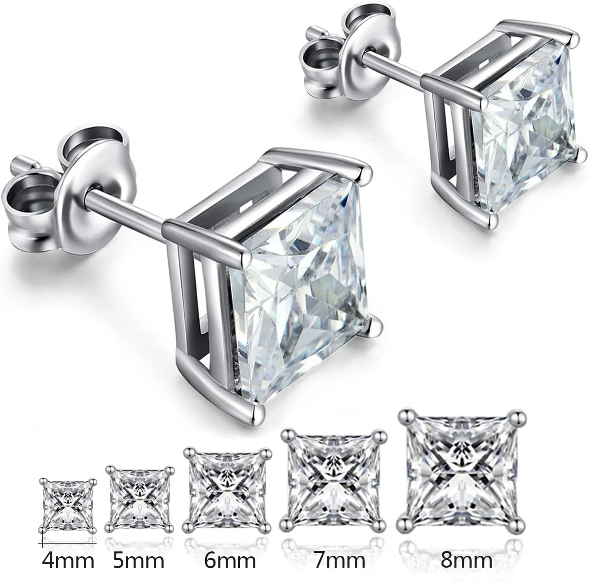 Men Stud Earrings 925 Sterling Silver Stud Earrings for Women/Men, Stud Earring with 5A  Cubic Zirconia Hypoallergenic Earrings for Unisex 4MM-8MM
