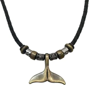 Men Women's Whale Tail Pendant Necklace with Black Braided Leather Cord, Vintage Tribal Boho Hipppie Style