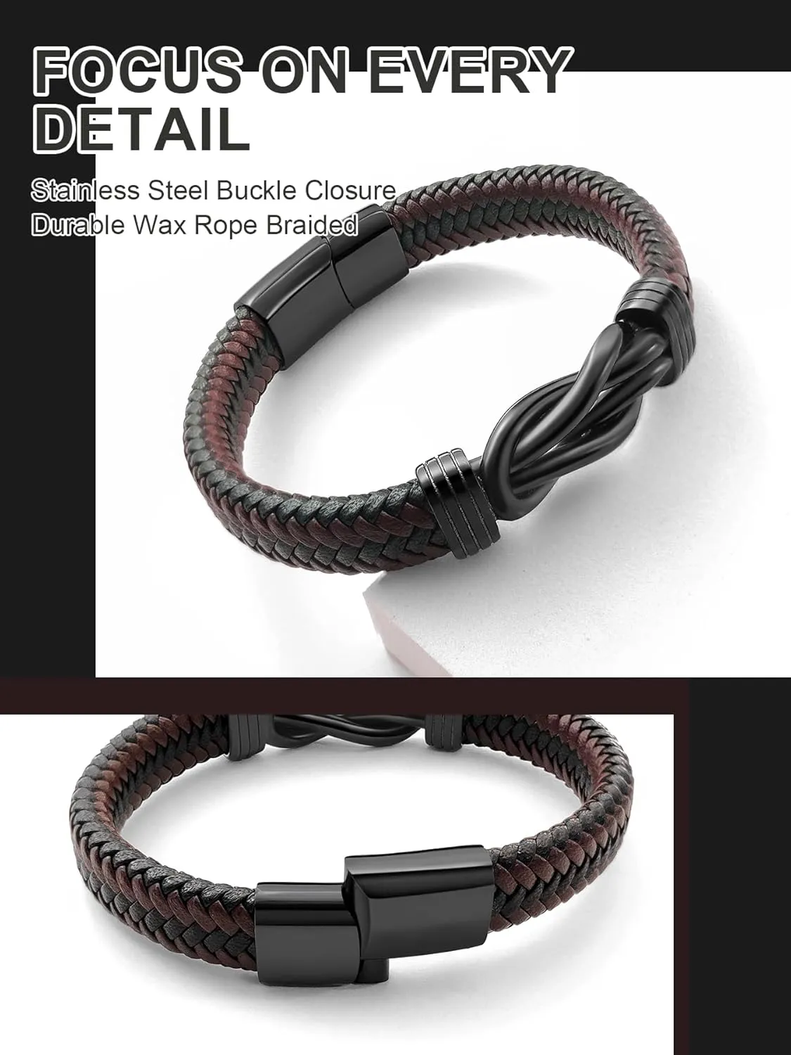 Mens Black Braided Leather Bracelet, Green/Red/Brown/Black Braided Leather Infinity Knot Bracelets for Men with Stainless Steel Clasp, 7.5/8.5/9in Length