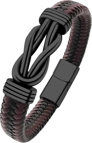 Mens Black Braided Leather Bracelet, Green/Red/Brown/Black Braided Leather Infinity Knot Bracelets for Men with Stainless Steel Clasp, 7.5/8.5/9in Length