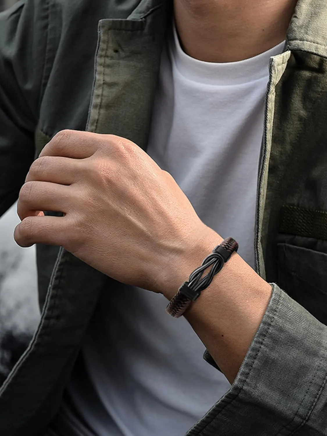 Mens Black Braided Leather Bracelet, Green/Red/Brown/Black Braided Leather Infinity Knot Bracelets for Men with Stainless Steel Clasp, 7.5/8.5/9in Length