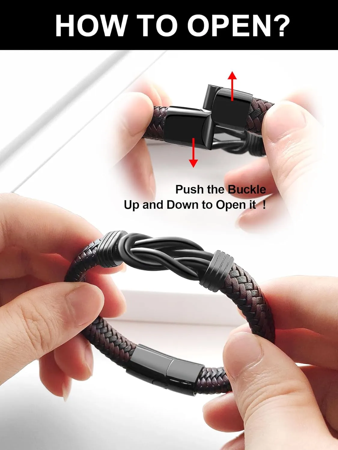 Mens Black Braided Leather Bracelet, Green/Red/Brown/Black Braided Leather Infinity Knot Bracelets for Men with Stainless Steel Clasp, 7.5/8.5/9in Length