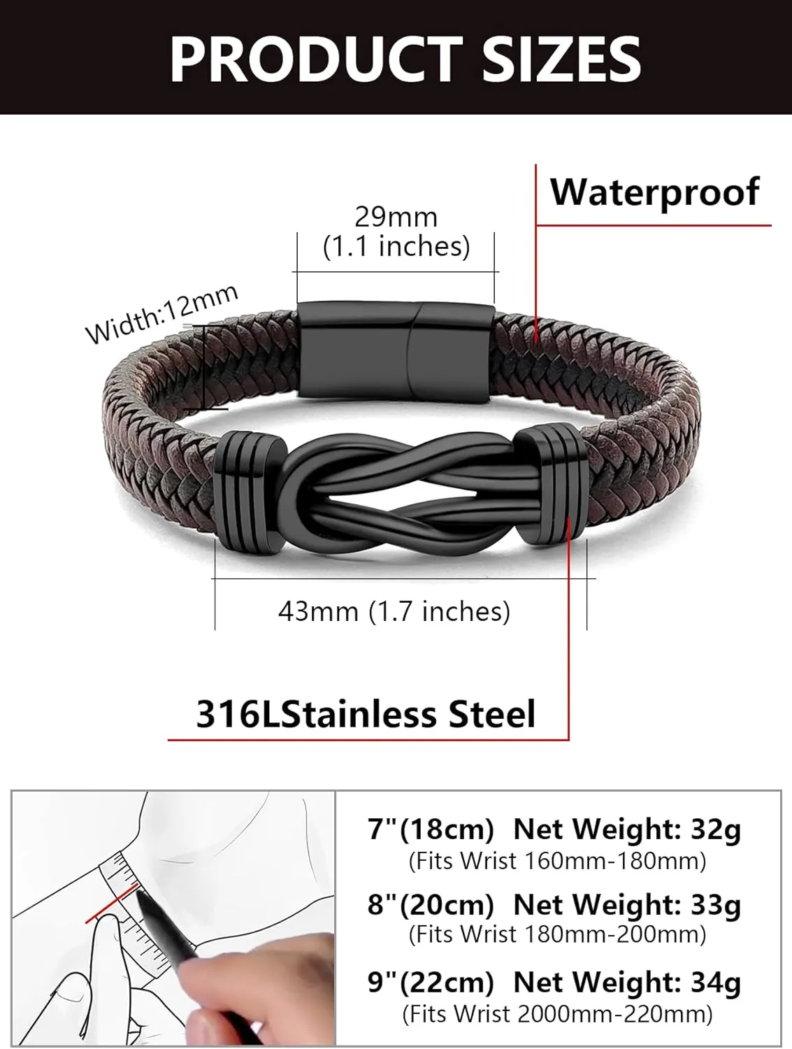 Mens Black Braided Leather Bracelet, Green/Red/Brown/Black Braided Leather Infinity Knot Bracelets for Men with Stainless Steel Clasp, 7.5/8.5/9in Length