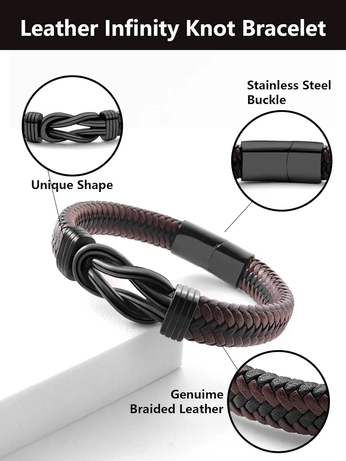 Mens Black Braided Leather Bracelet, Green/Red/Brown/Black Braided Leather Infinity Knot Bracelets for Men with Stainless Steel Clasp, 7.5/8.5/9in Length