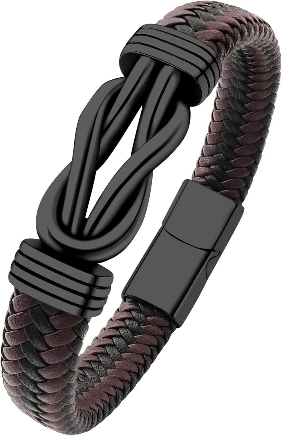 Mens Black Braided Leather Bracelet, Green/Red/Brown/Black Braided Leather Infinity Knot Bracelets for Men with Stainless Steel Clasp, 7.5/8.5/9in Length