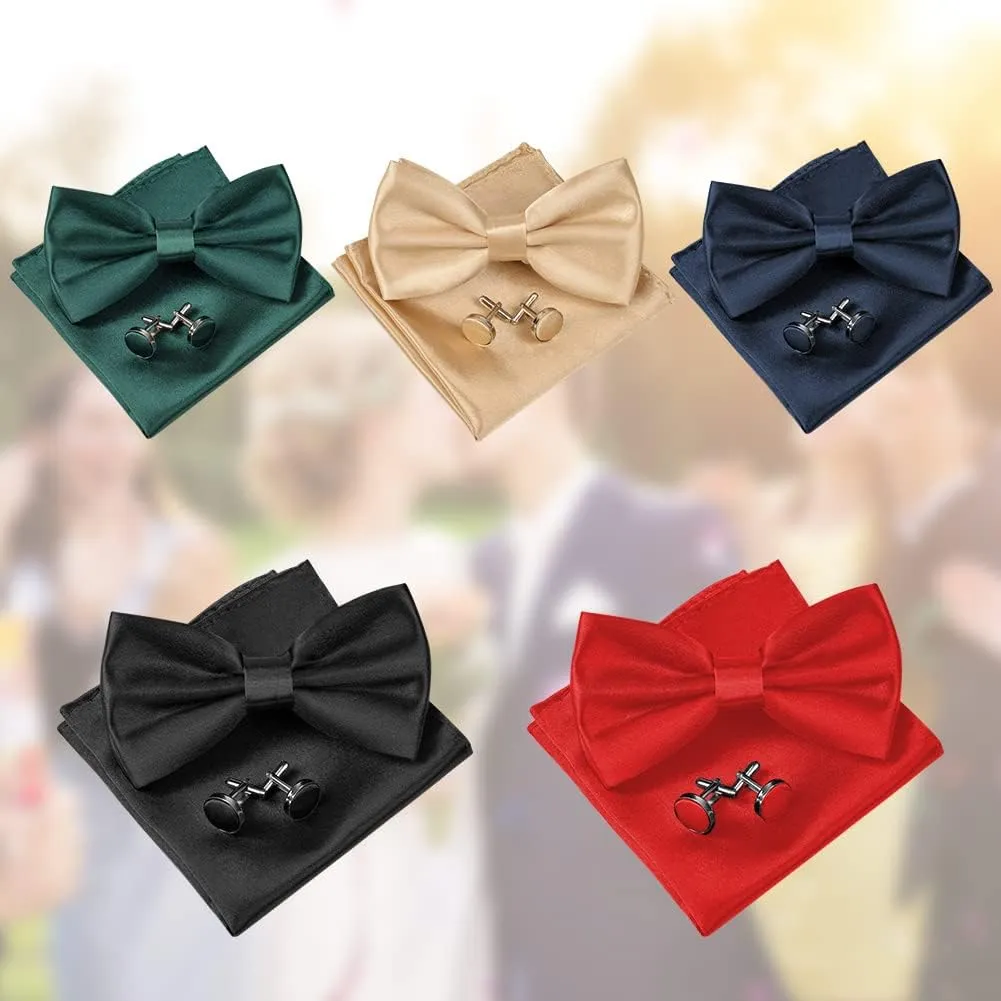 Men's Bow Tie Set, Classic Solid Color Pre-Tied Bow Tie and Pocket Square Cufflink Set for Men, Satin Tux Bowtie & Handkerchief, Formal Bowtie for Wedding Graduation Mother Gifts(Black)