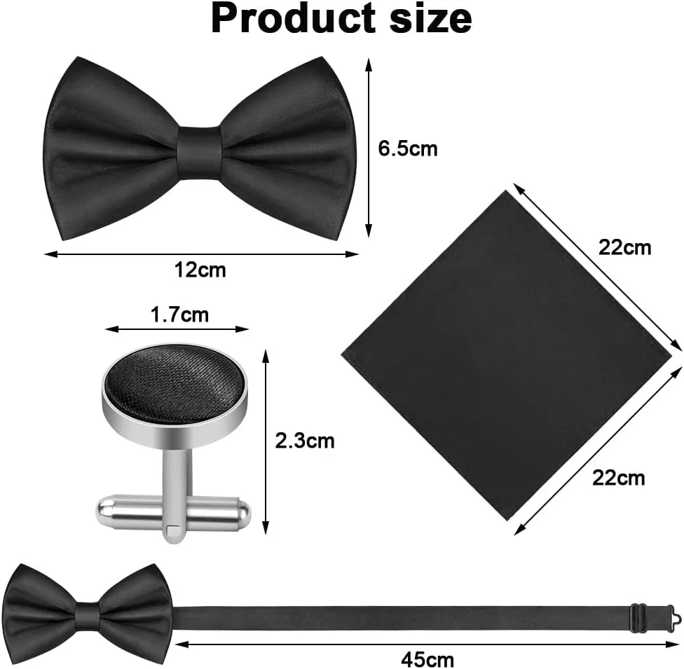 Men's Bow Tie Set, Classic Solid Color Pre-Tied Bow Tie and Pocket Square Cufflink Set for Men, Satin Tux Bowtie & Handkerchief, Formal Bowtie for Wedding Graduation Mother Gifts(Black)