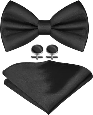Men's Bow Tie Set, Classic Solid Color Pre-Tied Bow Tie and Pocket Square Cufflink Set for Men, Satin Tux Bowtie & Handkerchief, Formal Bowtie for Wedding Graduation Mother Gifts(Black)